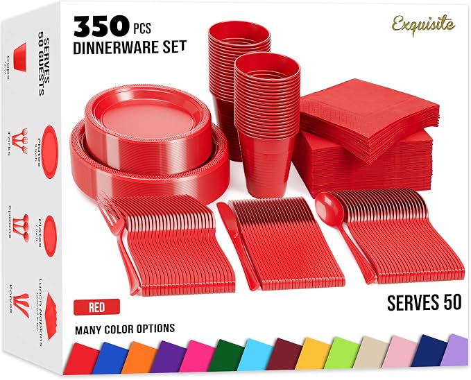 350 Pcs Red Plastic Plates For Party, Red Disposable Plates Set, 50 Of Each 9" Dinner Plate Set, 7" Dessert Plate, Cups, Napkins & Cutlery Plastic Dinnerware Set Exquisite