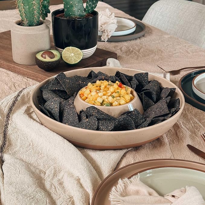 Mora Ceramic Chips and Dip Serving Tray: Large Divided Party Bowl Set for Chips & Salsa, Veggies & Dip, Fruit, Snacks, Entertaining, Hosting, etc. Minimalist Design for the Modern Hostess - Chai