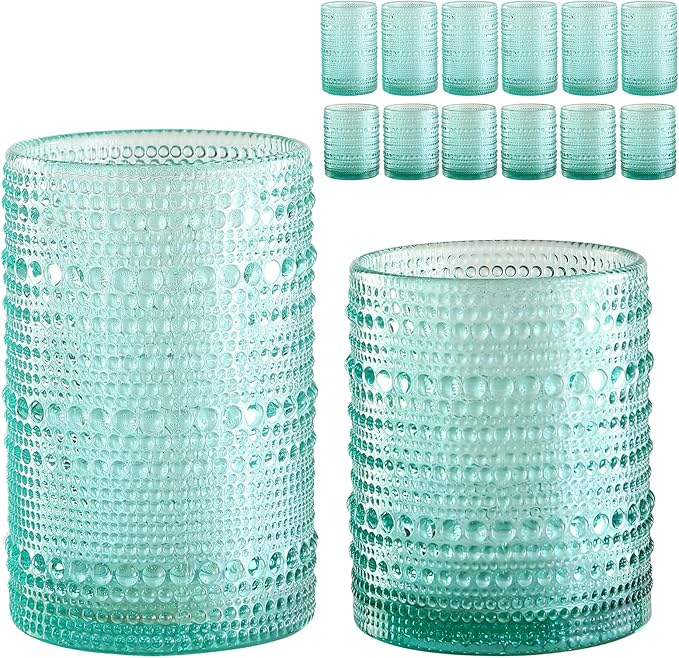 ZMOWIPDL Drinking Glasses Set of 12,Light Blue 12oz & 15oz Glass Cups | Vintage Hobnail Glassware，Embossed Water Tumbler,for Beer,Cocktail,Whiskey,Juice and Various Mixed Drinks