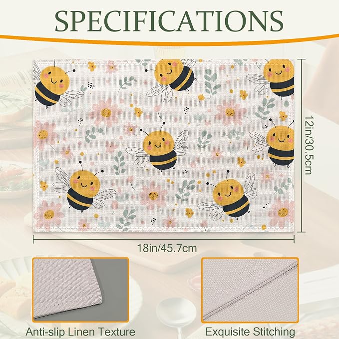 Table Placemats Set of 6,Cute Bee Cloth Placemats,Spring Flowers Heat-Resistant Table Mats for Kitchen Dining Room Decoration,Non-Slip Fabric Place Mats 11.8x17.7 Inch