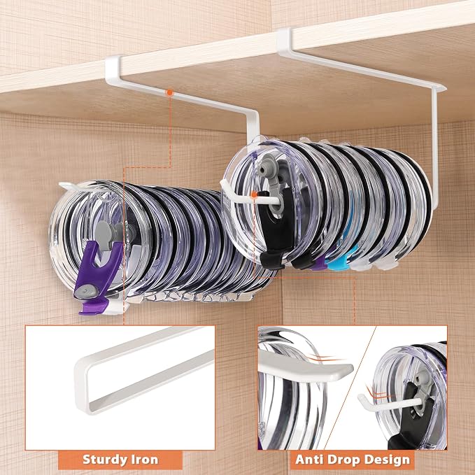 2 Pack Tumbler Lid Organizer, Versatile Storage Holds 20 Lids, Round&Flat | Space Saving Cup Lid Organizers Inside Cabinet Tumbler Lid Hook for Pantry Kitchen Organizer, Paper Towel Rack Hanger, White