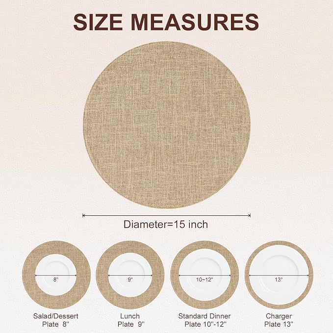 Cotton Linen 15 Inch Round Cloth Place mats, Set of 8, Linen | Washable Table Mats, Heat Resistant, Reversible, Wipeable Place Mats for Indoor Outdoor