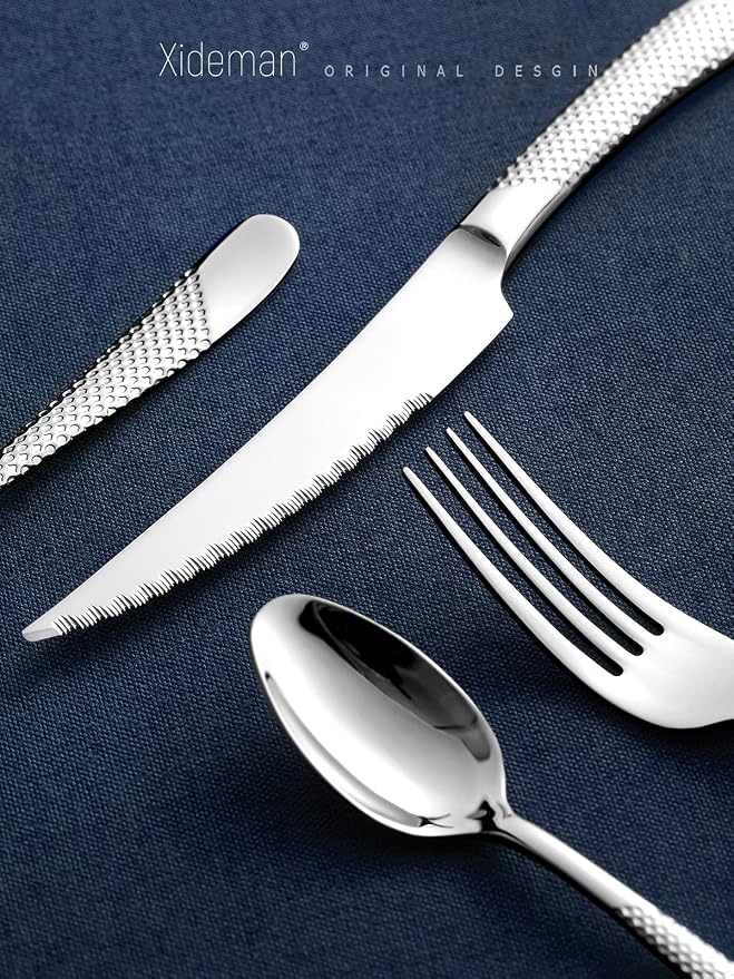16-Piece Modern Hammered 18/10 Stainless Steel Silverware Set | Ultra Sharp 2-IN-1 Serrated Knives, Ergonomic Non-Slip Handles, Service for 4, Rust Resistant, Dishwasher Safe