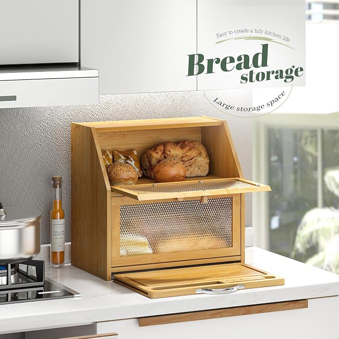 STDDRE Double Layer Bamboo Corner Bread Box with Cutting Board(Natural) | Extra-large capacity. Double Layer Bread Storage Bin with Door Panel for Kitchen Counter.for kitchen counter