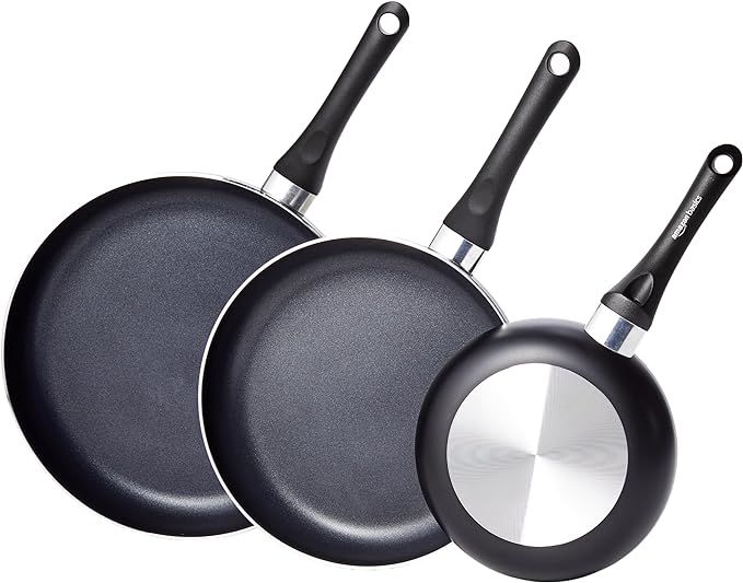 Amazon Basics Ceramic Non-Stick 3-Piece Frying Pan Set, 8 Inch, 10 Inch & 12 Inch, Black