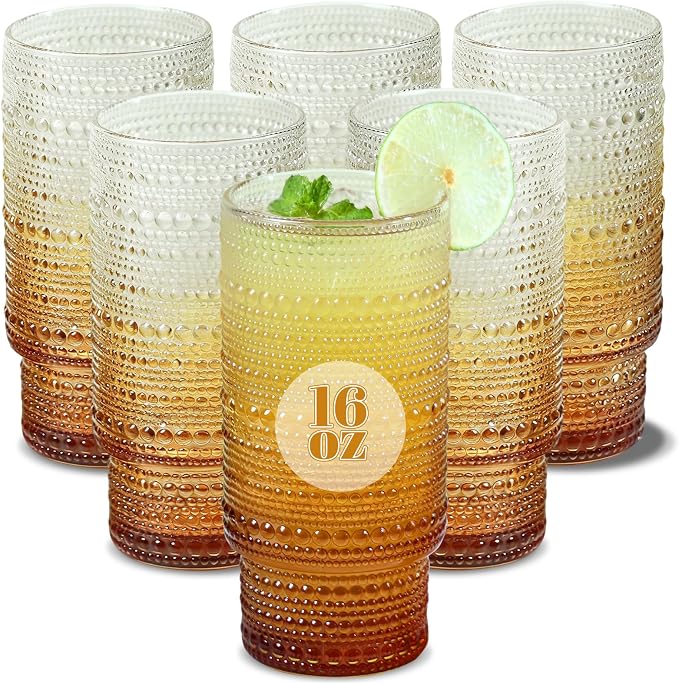 Large Capacity 16 oz Hobnail Drinking Glasses Set of 6, Vintage Glassware Drinking Glasses, Gradual Amber Water Glasses Tumbler, Thanksgiving Cups for Kitchen, Juice, Beer, Cocktail, Whiskey