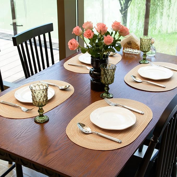 Placemats Set of 4, Woven Oval Braided Dining Table Mats(Beige Brown) | 12 x 17.5 Inch Size Fits Plates and Flatware; Hand Washable and Heat Resistant for Kitchen Use, with Farmhouse and Boho Style