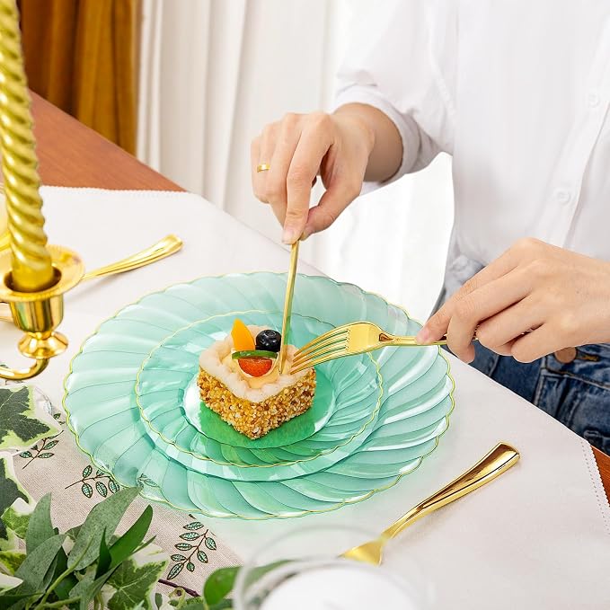 YOUBET 125PCS Clear Green Plastic Plates with Gold Rim for Wedding Party | Green and Gold Plastic Plates Include 25 Dinner Plate 25 Dessert Plate 75 Disposable Silverwares