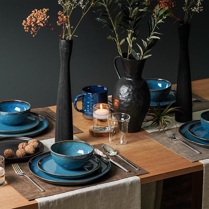 Stoneware Dinnerware Sets for 8, Reactive Glaze Plates and Bowls, Blue | 24-Piece Handcrafted Rustic Porcelain Dishes Set, Highly Scratch Resistant, Dishwasher & Microwave Safe