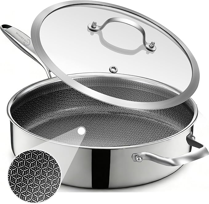 LOLYKITCH 5-Quart Large Frying Pan with Lid | 12 Inch | Detachable Handle | Ceramic Nonstick | Tri-Ply Stainless Steel | Deep Skillet | Saute Pan | PFOA Free | Induction | Dishwasher & Oven Safe