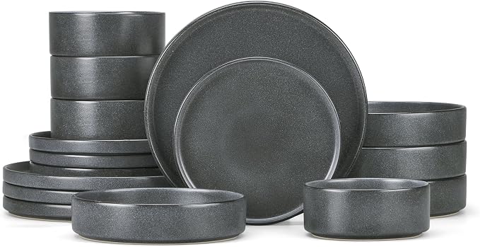 Herogo 16 Piece Plates and Bowls Set, Ceramic Dinnerware Sets with Pasta Bowls, Kitchen Dinner Ware Dishes Service for 4, Chip & Scratch Resistant Dishware, Dark Gray