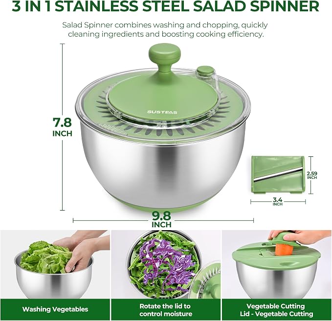 SUSTEAS Stainless Steel Salad Spinner, Lettuce Spinner with 5 Blade Slicer | Vegetables Wash Bowl, Fruits & Herb Lettuce Dryer with Egg Yolk Strainer for Efficient Salad Preparation and Food Washing
