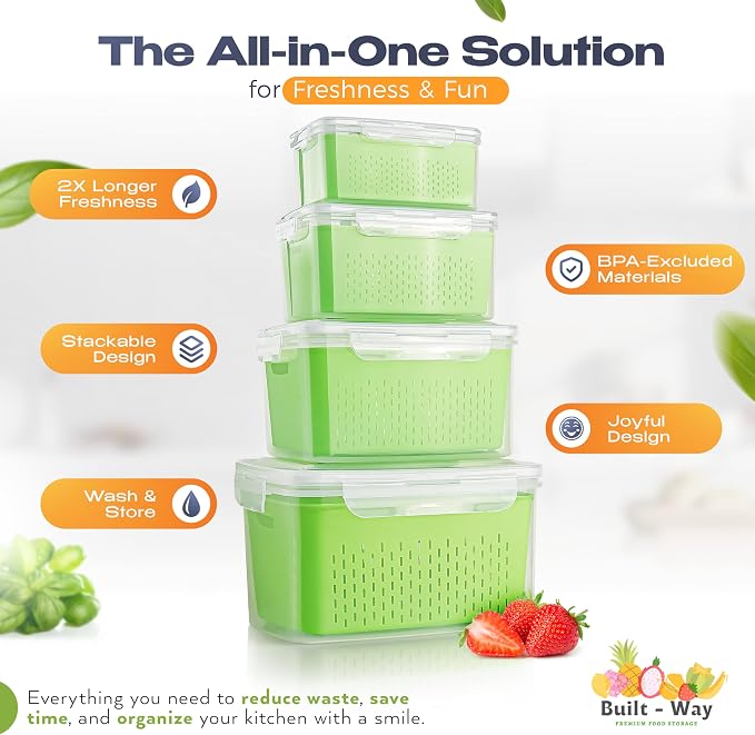 Fruit Storage Containers for Fridge - Set of 4 - Airtight Lid Keeps Fresh - For Fruit & Vegetable Storage - Space-Saving Design - Ideal for Produce, Berries, Snacks - Green