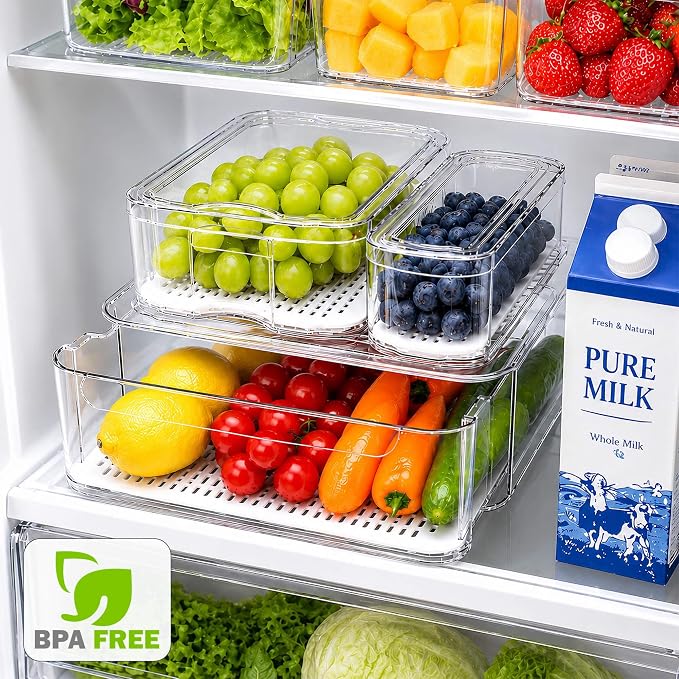 SMRCAD Clear Fridge Bins with Drain Trays - BPA-Free PET, Stackable(6 Pack) | 6 Pack: 1 Drawer + 5 lidded Bins, Helps Keep Produce Fresh, 16.3L Capacity, Hand Wash Only