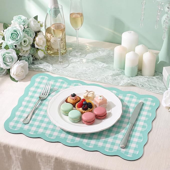 Aqua Sky Scalloped Gingham Coffee Mat 12" x 20" Absorbent Bar Mat | Gingham Espresso Matt with Non Slip Rubber Backing for Coffee Countertops