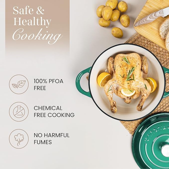 Cast Iron Dutch Oven with Lid - Non-Stick Ovenproof Enamelled Casserole Pot - Sturdy Dutch Oven Cookware - Dark Green, 5-Quart, 24cm - by Nuovva