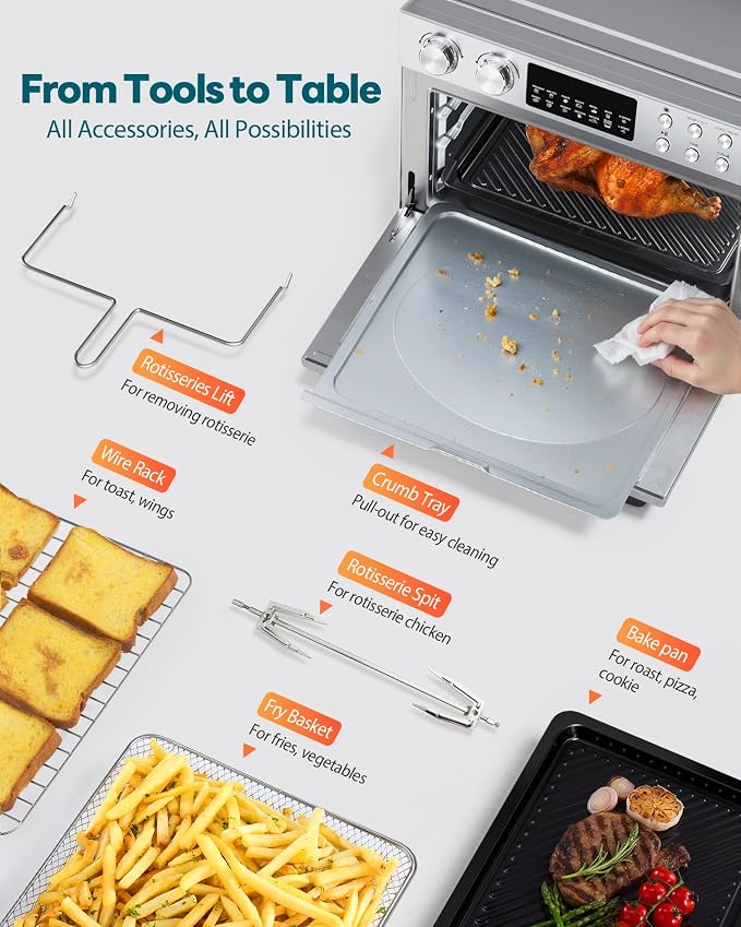 28QT Air Fryer Toaster Oven Combo, Large 12-in-1 Convection Countertop Oven with Next-Gen HeatWave Convection, 3-Layer Cooking, Rotisserie for Chicken, Fits 11" Pizza, All Accessories, Stainless Steel