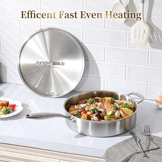 DELARLO 6QT Saute Pan Tri-Ply Stainless Steel Pan 12Inch Deep | Frying Pan with Steel cover, Kitchen Large Skillet ,Heavy Duty Style Compatible With All Cooktops Up to 650℉