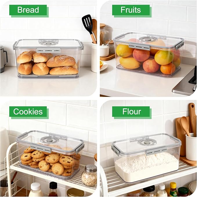 Tiawudi Plastic Bread Box for Kitchen Countertop, Airtight Bread Storage Container for Homemade Bread, Toast, Loaf, Bagel, Donut and Cookies, Time Recording Bread Keeper, Dishwasher Safe
