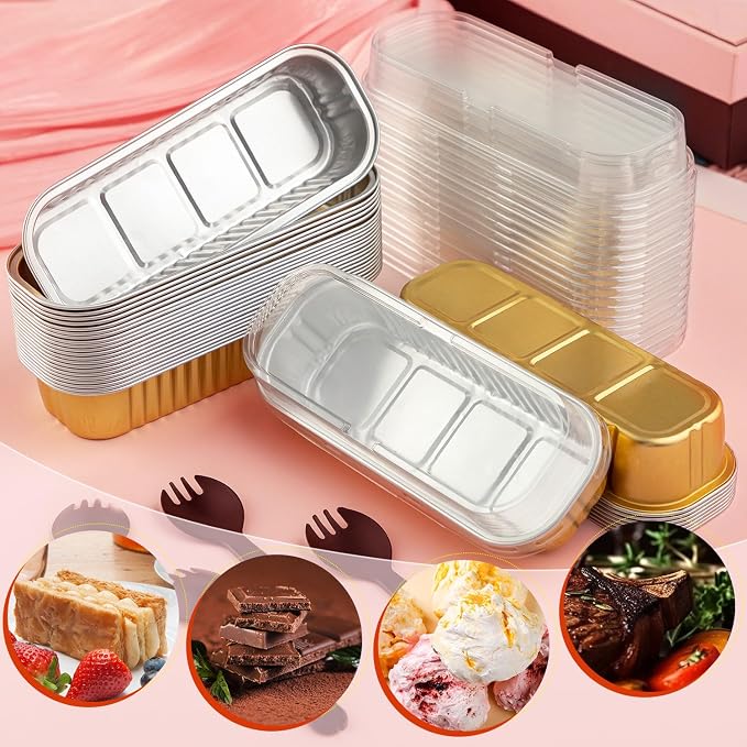 60Pcs Aluminum Min Foil Bakingi Loaf Pans with Lids and Spoons | Rectangle Mini Cake Pan,Brownie Baking Cups for Picnics Party (Gold)