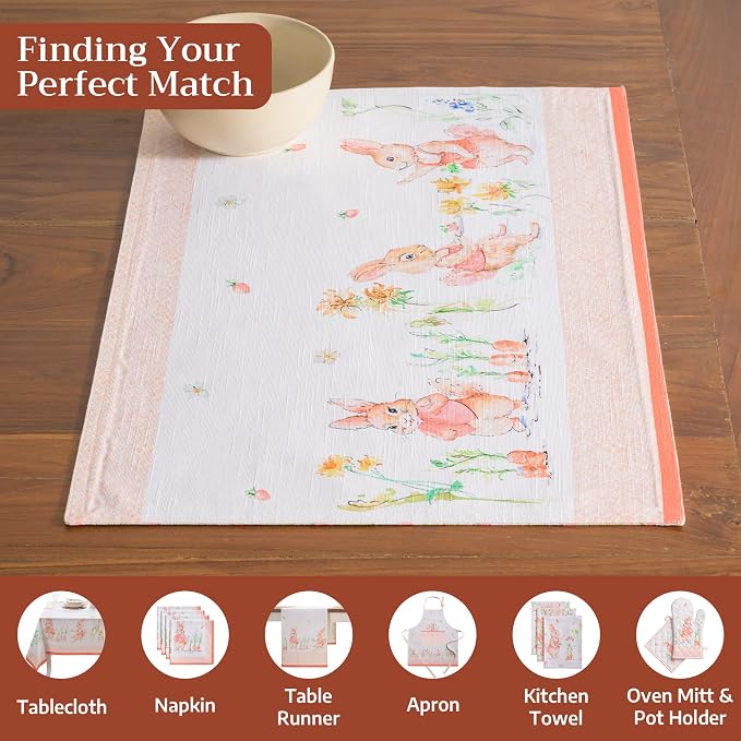 Maison d' Hermine Placemats Set of 4 Reusable 100% Cotton (13"x19") | Cloth Place Mats Washable Table Mats for Kitchen Dining Party Wedding Hotel Home Restaurant Spring Summer - Bunny Party
