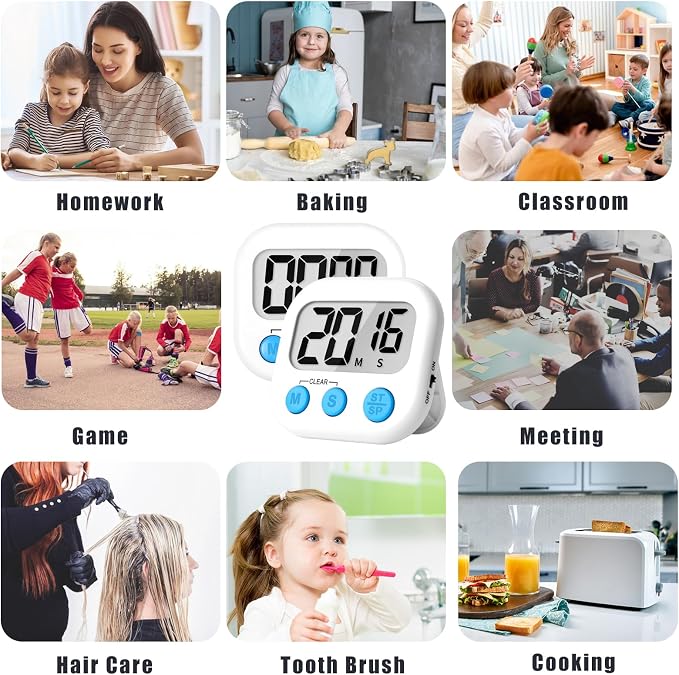 ZILLEEN Digital Kitchen Timers for Cooking Kids White 12 Pack | Strong Magnetic, Large Screen, Big Button, Timers for Kids Classroom Cooking Egg Teacher Exercise Study