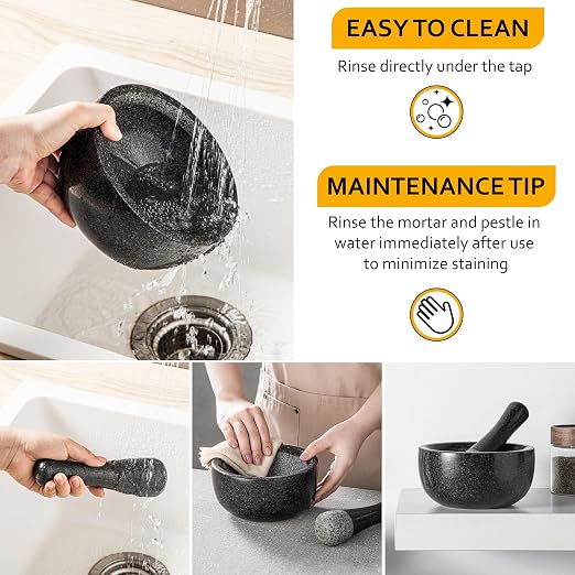 Velaze Large Mortar and Pestle Set,Granite,2 Cup Capacity | 6.3 Inch Pestle,16 oz Molcajete,Herb Crusher, Spice Grinder,Guacamole Bowl,Heavy Granite Stays Stable, Natural Unpolished