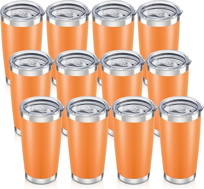 20 oz Tumbler with Lid Stainless Steel Insulated Tumblers Bulk Cups Mug | Double Wall Vacuum, Powder Coated, Keep Drinks Cold and Hot, Waterproof Lid, Fit of Car Cup Holders, Orange, 12 Pack