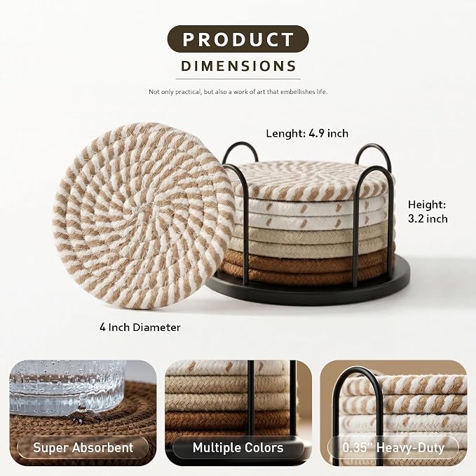 Lazebox Coasters Set of 8 for Drinks, 4 Inch Large Coasters for Coffee Table, Tabletop Protection for Hot & Cold Drinks, Versatile Coasters for Home Decor, Non-Slip & Easy to Clean, Coffee