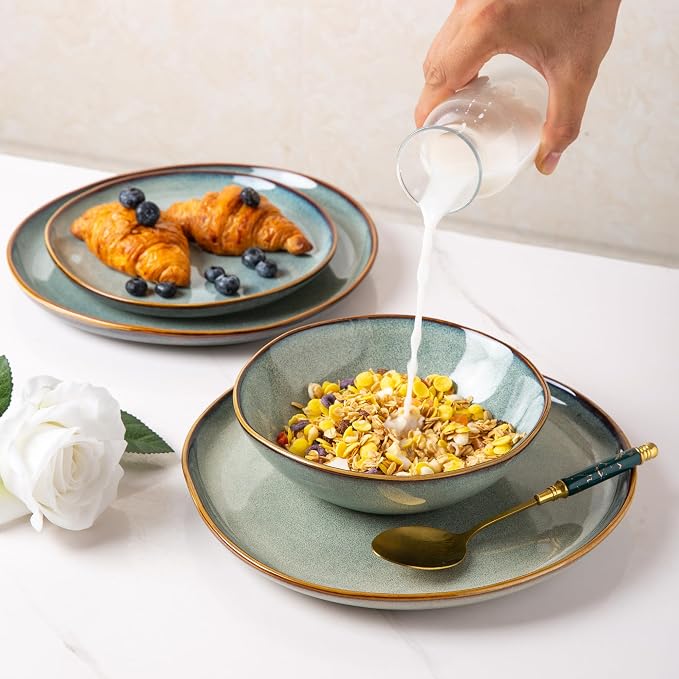 AmorArc Ceramic Dinnerware Sets for 6, 18Pcs Plates and Bowls Sets Dishes | Stoneware Handmade Reactive Glaze Dinner Set, Highly Scratch Resistant | Dishwasher & Microwave Safe Dishware