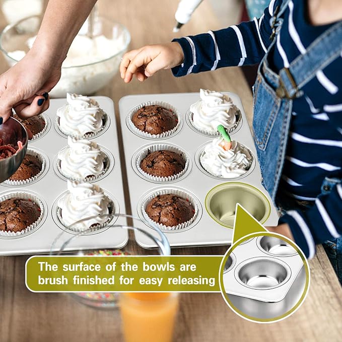 P&P CHEF 6-Cup Muffin Pan Tin, Stainless Steel Cupcake Pan, 2Pcs | Muffin Tin for Oven Baking, Dishwasher Safe, Non-Toxic, Standard Size, Ideal for Homemade Muffin Cup Cake Tart Quiche