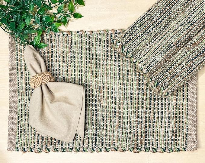 Natural Jute & Green Placemats, Set of 4 – Rustic Handmade Boho Table Mats, 13x19 Inch Dining Table Placemats for Kitchen, Everyday Meals, Holidays, Farmhouse or Modern Table Décor