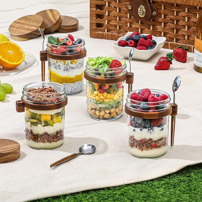 LANDNEOO 4 Pack Overnight Oats Containers with Wooden Lids and Spoons, 16oz Glass Mason Overnight Oats Jars with Lids, Large Capacity Airtight Jars for Milk, Cereal, Fruit