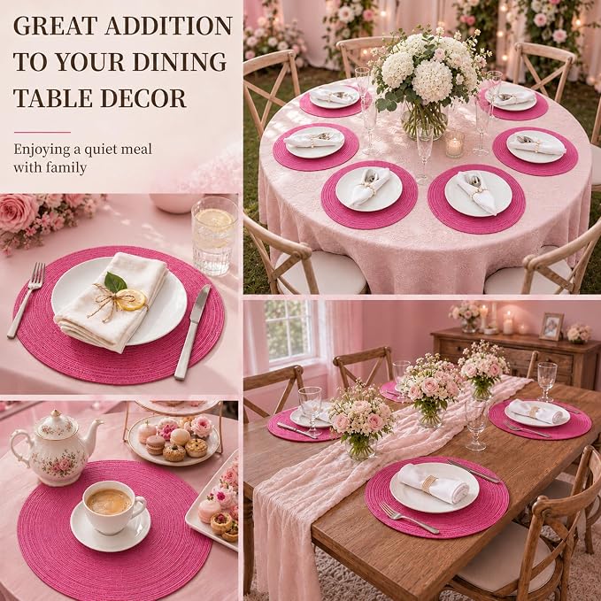 TaroKitc 15 in Round Placemats Set of 4, Washable Woven Placemats Heat Resistant Cotton Polyester Braided Table Mat, Non-Slip Circle Place Mats for Kitchen Dining Table Decor - Pink