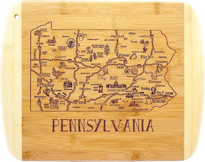 Totally Bamboo A Slice of Life Pennsylvania Engraved Map Cutting Board | 11” x 8.75” charcuterie board with engraved state map artwork. Smooth reverse side for food prep. Hang tie for wall display.