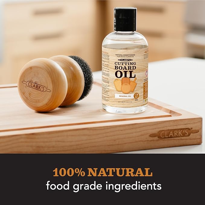 CLARK'S Food Grade Mineral Oil 8 oz, Butcher Block Conditioner - Unscented | Mineral Oil for Wood Cutting Boards, Butcher Blocks, Utensils, Lubricant for Knives. Soak for 3 Hours & Reapply Every 4 Weeks