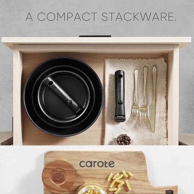 CAROTE 19pcs Pots and Pans Set Non Stick, Detachable Handle Cookware | Kitchen Cooking Sets, Space Saving, Dishwasher & Oven Safe, Non-Toxic, for Camping/RV/Traveling, Black
