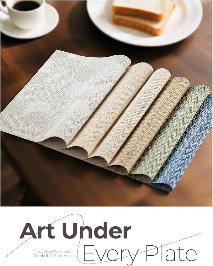 Leetaltree Beige White Placemats Set of 12 - Heat Resistant Non-Slip Place mats for Dining Table, Washable Durable PVC Vinyl Woven Table Mats(Beige White, 12)