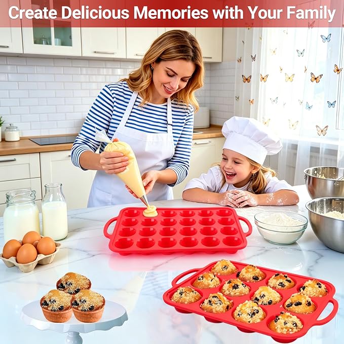 Redfly Silicone Mini Muffin Pans for Baking 24 Cup with Steel Frame Non-Stick,2Pack Small Cupcake Pan, Food Grade, Easy Release,Dishwasher Oven Freezer Microwave Safe for Muffin Tin Cake Pop Molds