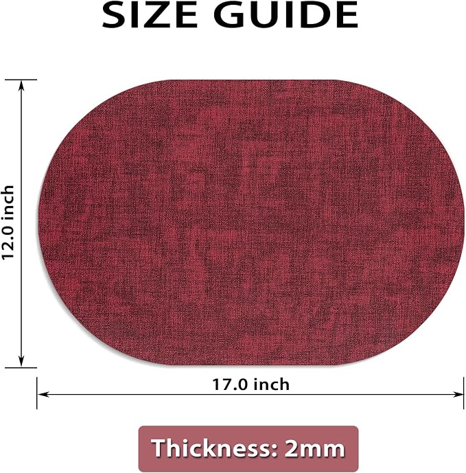 Placemats for Dining Table Set of 4 Non-Slip, Heat Resistant Oval Leather Placemat Double Layer, Waterproof Table Mats Easy to Clean for Kitchen Dining Room Coffee Office Table, Wine Red