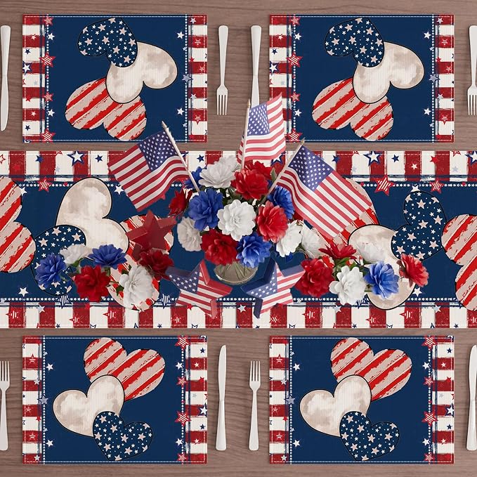 Heart Stripe Stars 4th of July Placemats Set of 4 12x18 Inch Patriotic America Memorial Day Independence Day Table Decorations Cloth Table Mats