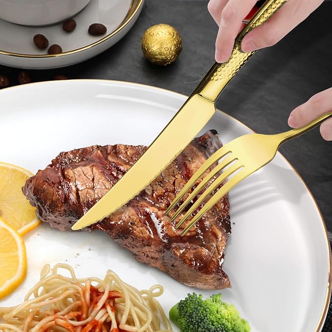 30-Piece Hammered Gold Silverware Set for 6 with Serrated Forging Knives,18/10 Stainless Steel Modern Flatware Set,Unique Cutlery Set,Mirror Polished,Dishwasher Safe