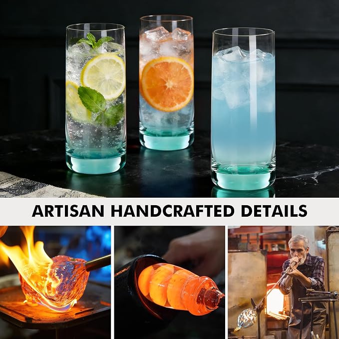 Green Highball Glasses Set of 6, Drinking Glass for Mixed Drink | 13oz ,Cups for Cocktail, Beer, Mojito, Water and Juice,Thick Tall Glassware for Kitchen, Restaurant, Home Bar and Parties