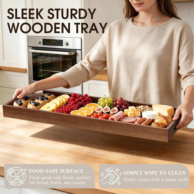 Extra Large Ottoman Tray, 36 x 12 Inches Black Walnut Wooden Tray | Wood Serving Tray with Handles, Rectangular Deccorative Tray, Charcuterie Platter for Meat, Cheese Board, Extra Long 3ft
