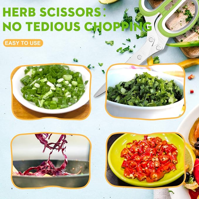 Herb Scissors with 5 Blades and Cover, Kitchen Herb Cutter with Cleaning Comb, Stainless Steel Multi Blade Herb Shears for Basil Parsley Cilantro, Easy Clean Cooking Tool, Unique Kitchen Gadgets Gift
