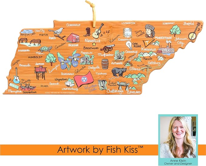 Totally Bamboo Tennessee State Shaped Cutting Board, Art by Fish Kiss | State charcuterie board with colorful hand-drawn map artwork. Smooth reverse side for food prep. Hang tie for wall display.
