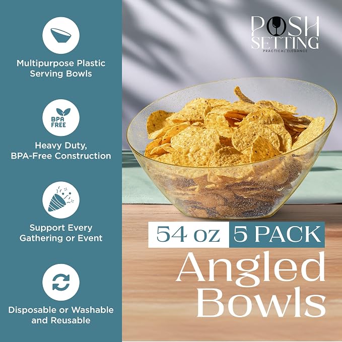 5 Pack Gold Plastic Angled Serving Bowl Disposable for Party Table 54oz | Angled Bowl Design. Chip, Candy, Salad & Fruit Use. Disposable Party Tableware. Buffet & Wedding Serving. Gold Plastic.