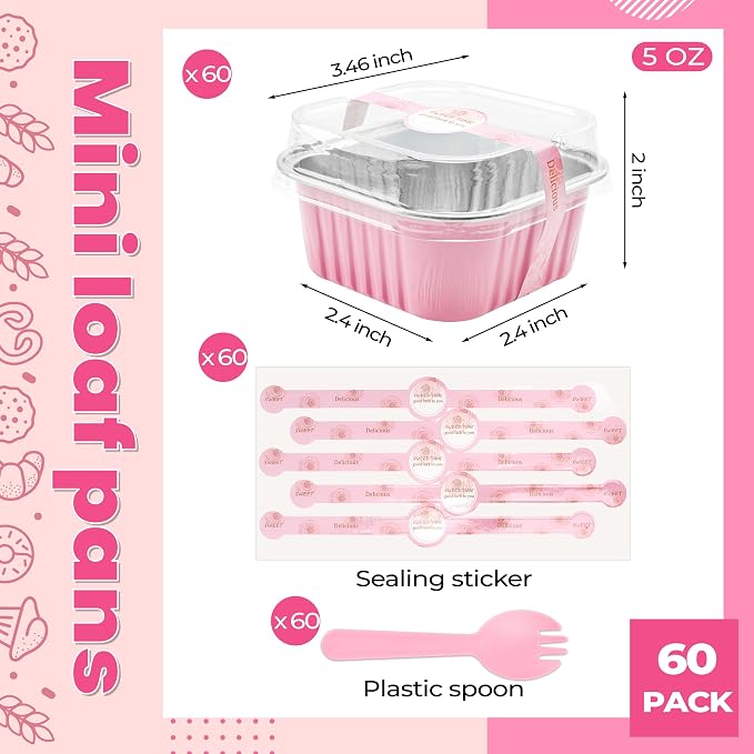 Mini Cake Pans with Lids, 60 Pack Pink 5oz for Party Favors | Use for mousse layers, cheesecake squares, blondies and candies; utensil pairing reduces add-on prep.