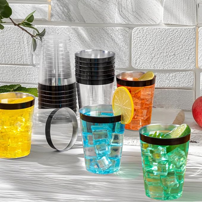 DaYammi 100 Pack Black Plastic Cups 10Oz Clear Disposable Cups with Black Rim, Clear Cocktail Cup Heavy Duty Disposable Wine Glasses Disposable Fancy Plastic Cups for Party Wedding