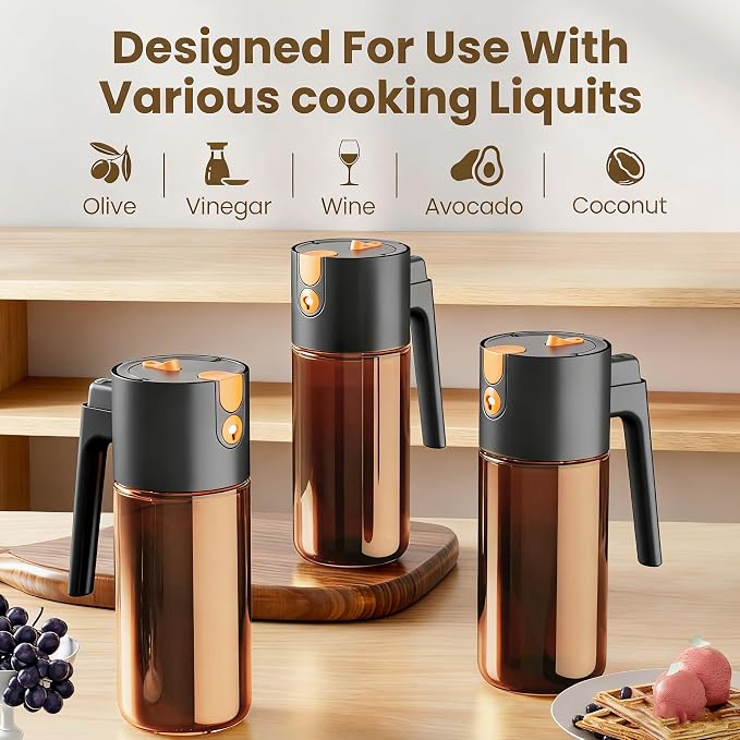 17oz/500ml Leak-Proof Glass Olive Oil Sprayer for Cooking, Fine Mist & Pour | 2 in 1 Oil Dispenser and Sprayer, Switch Between Fine Mist & Precision Pour for Air Fryer, BBQ, Salad, Baking - Black